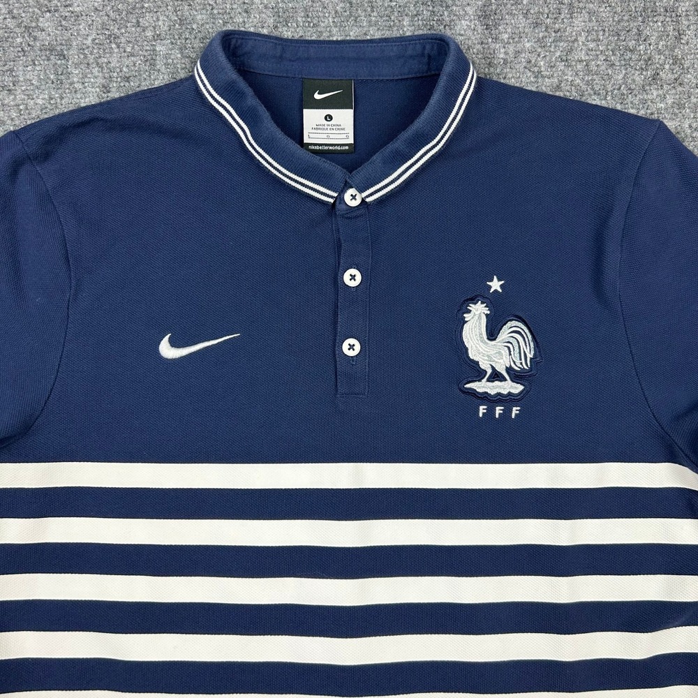 Nike France FFF Polo Shirt Mens L Navy Blue Striped Soccer Football FIFA 2014